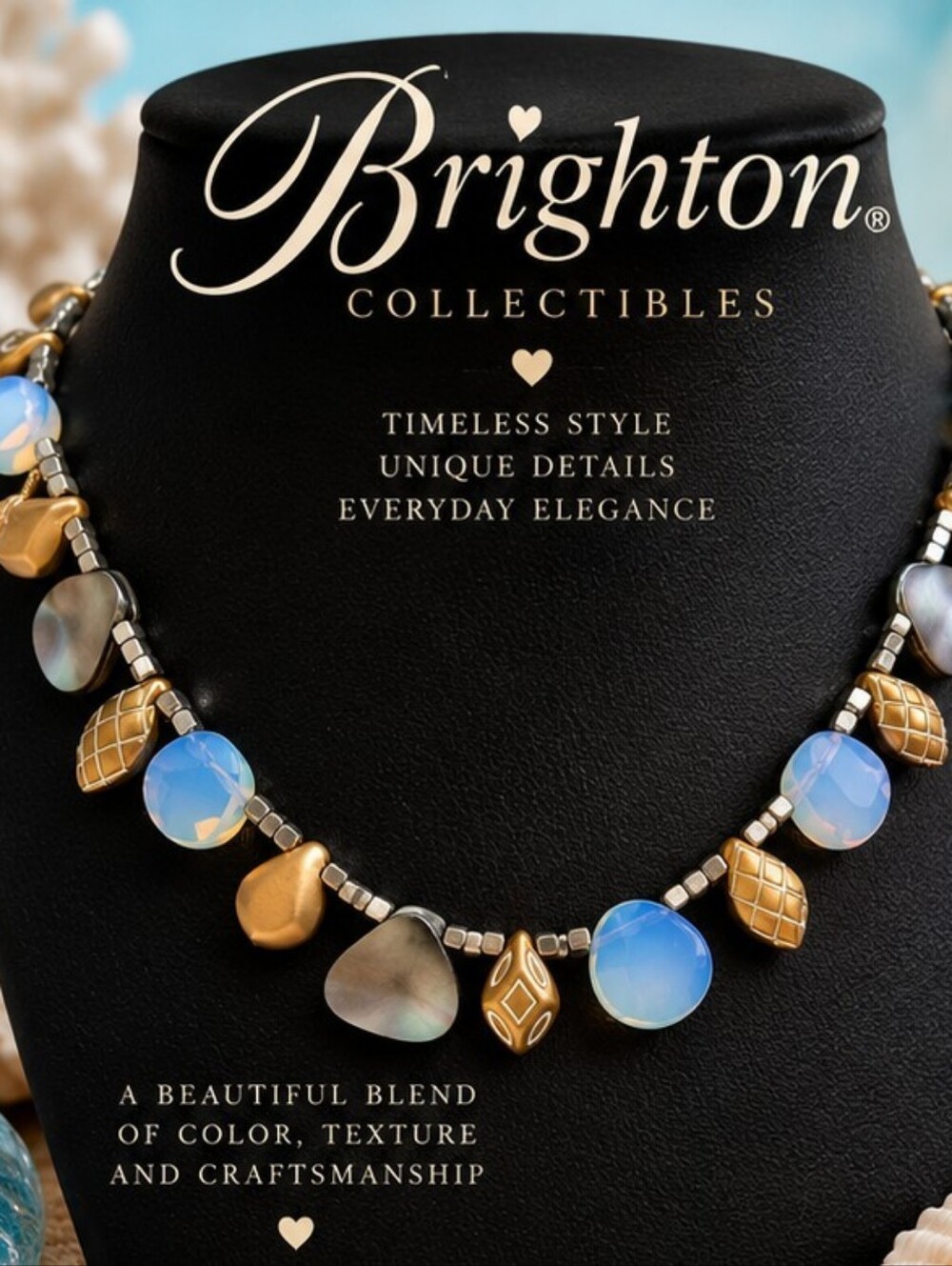 Brighton Opalite Mother of Pearl Mixed Metal Charm Statement Necklace